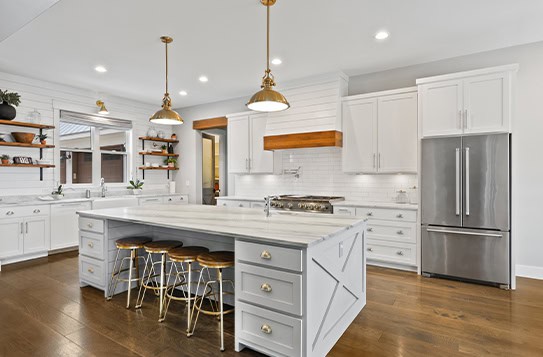 Farmhouse Kitchen Gray Island White Cabinets Brass Pendants